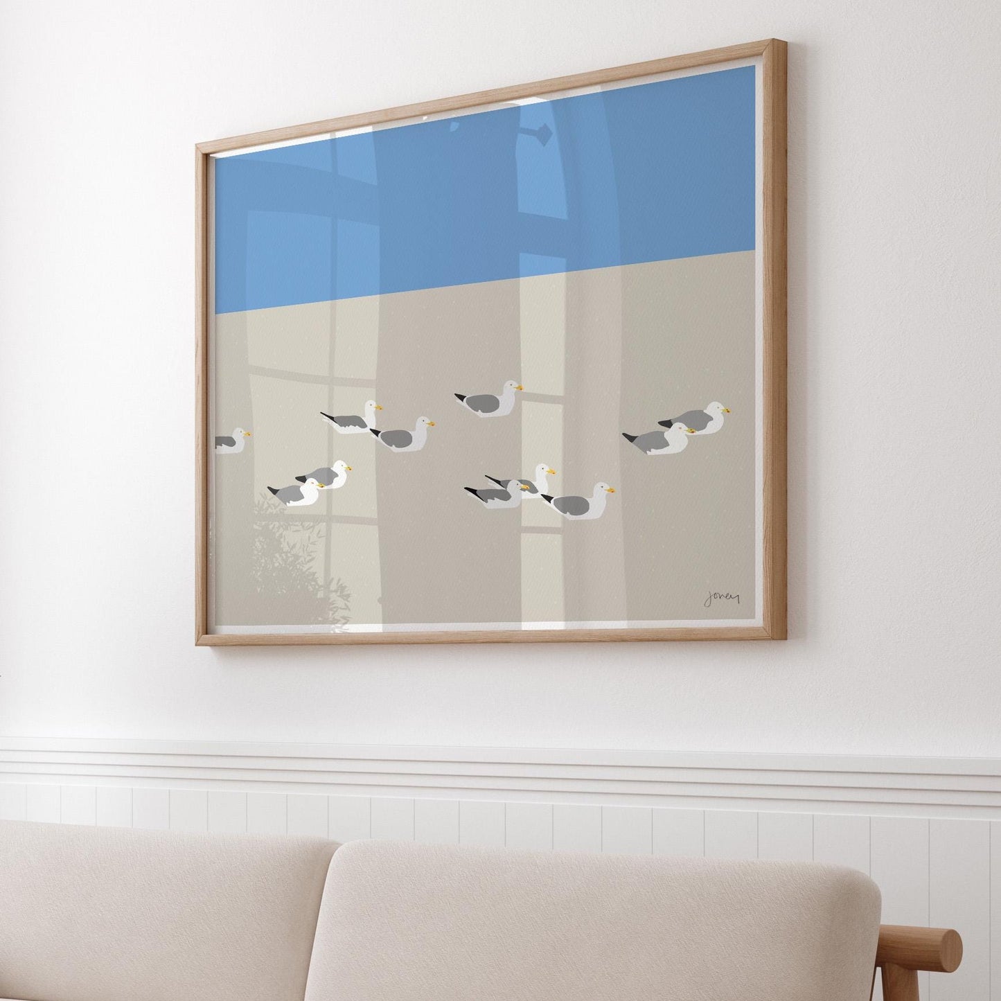 Seagull Art Print – Coastal Wall Art With Solid Maple Frame | Archival Paper