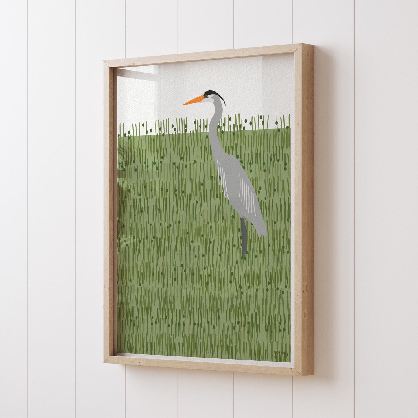 Great Blue Heron in Green Grass Art Print - Unframed or Framed - 250406