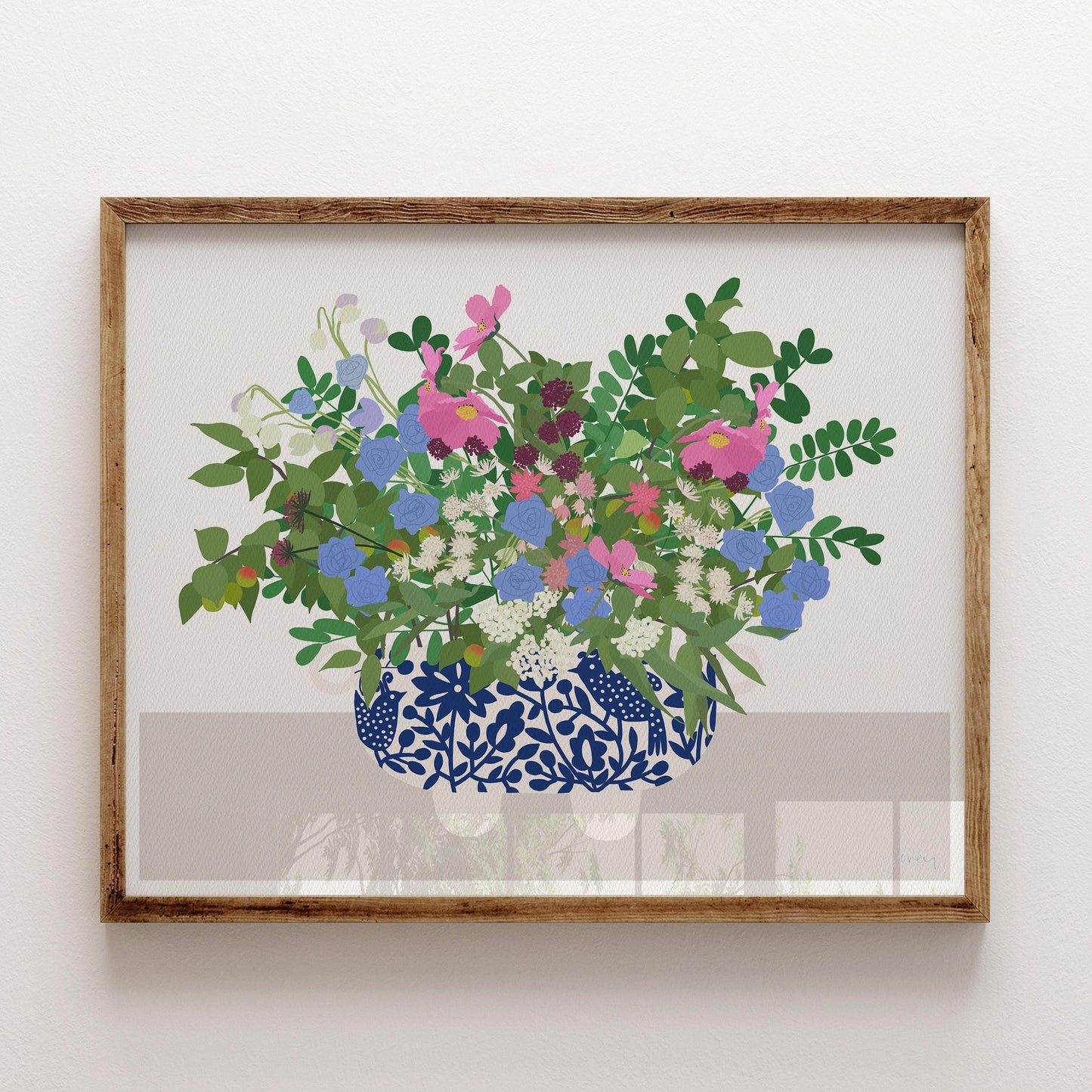 Pink Cosmos and Blue Cornflowers Art Print - Unframed or Framed - 201017