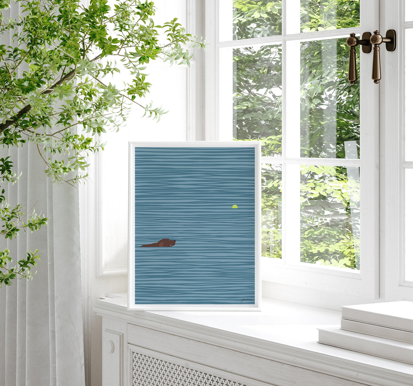 Tennis Ball with Swimming Labrador Art Print - Unframed or Framed - 140306