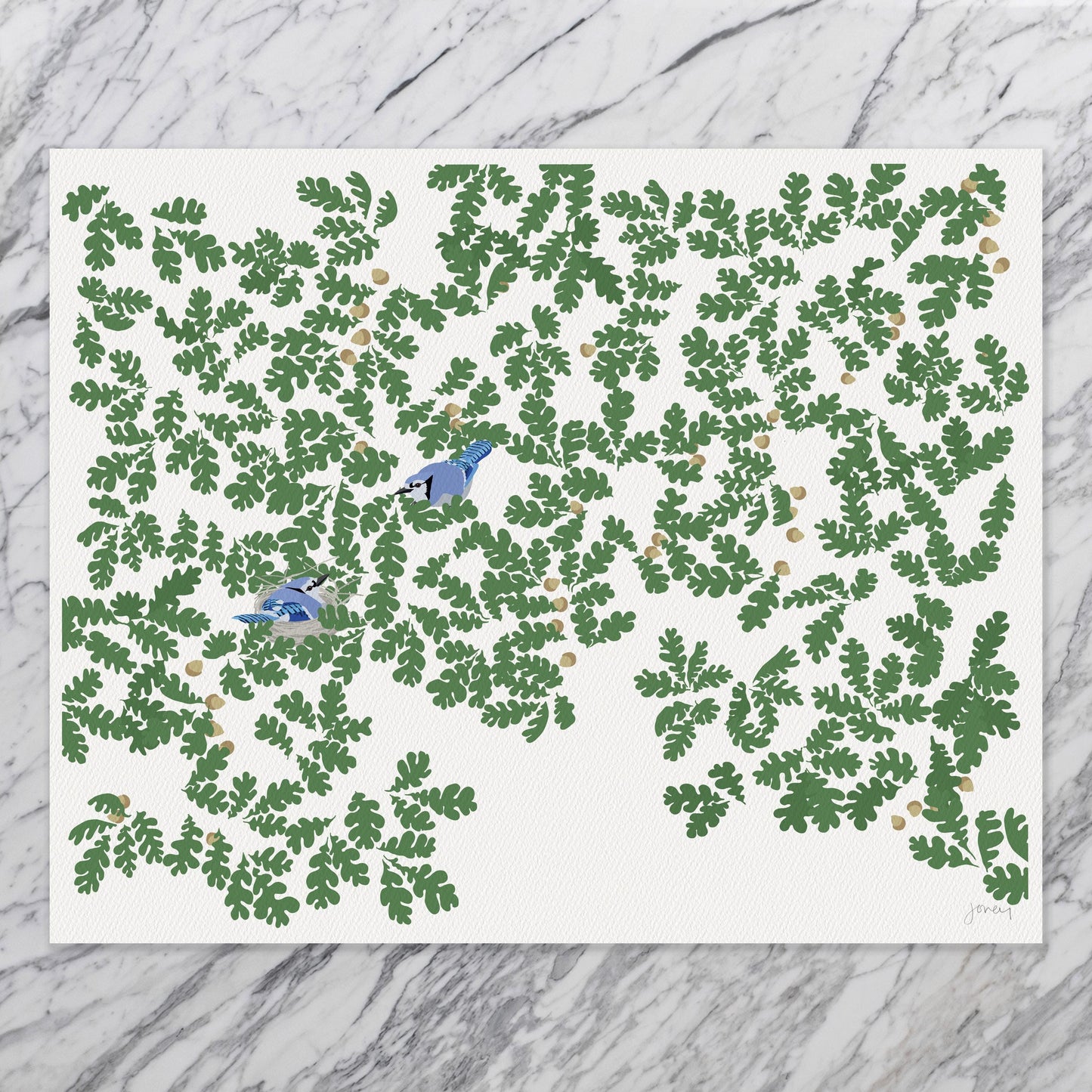 Blue Jays in Oak Leaves Art Print - Unframed or Framed - 240811