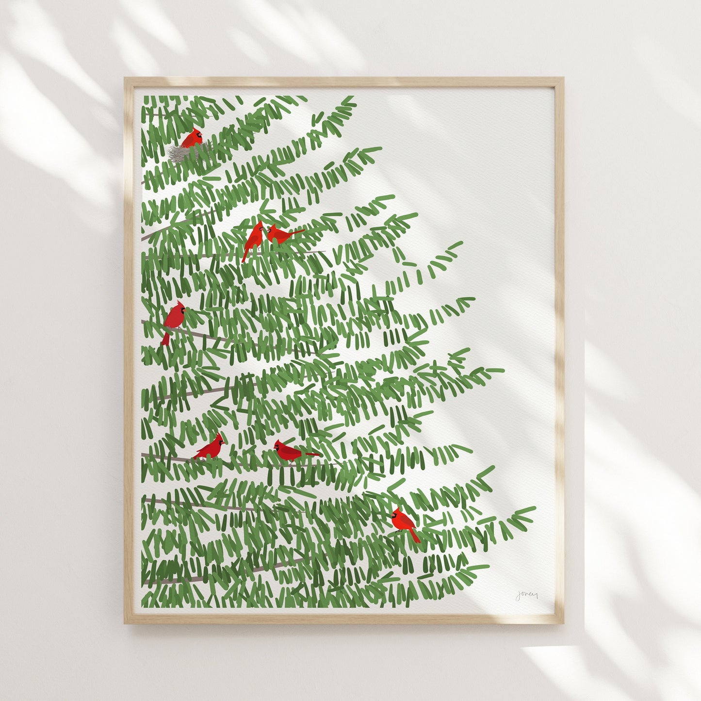 Pine Tree Print with Red Cardinal Birds Art Print - Unframed or Framed - 221201