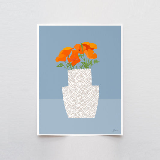 Dotted Vase with California Poppy Art Print- Unframed or Framed - 201018