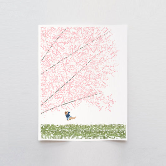 Cherry Blossom Tree with Girl Swinging Art Print - Unframed or Framed - 230416
