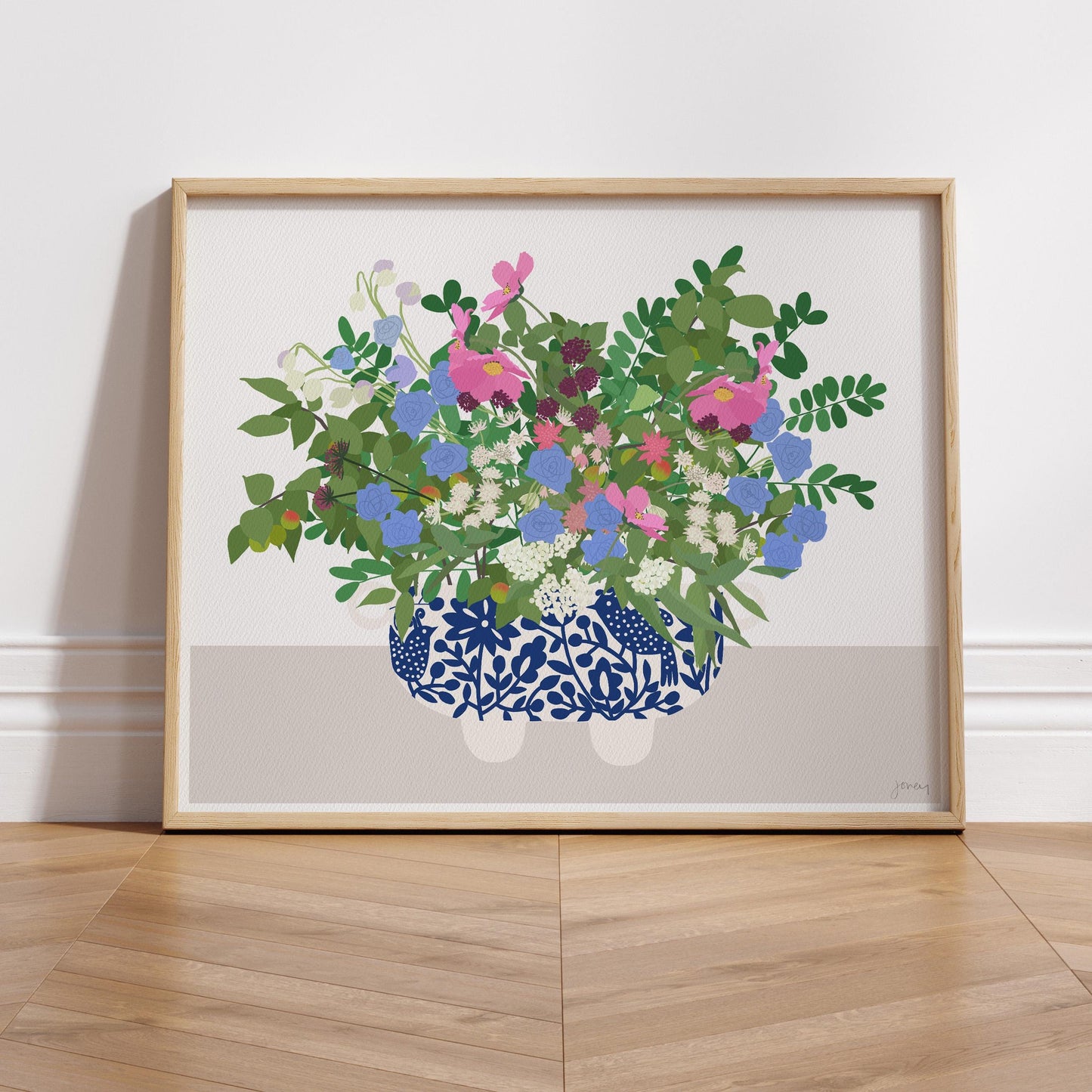 Pink Cosmos and Blue Cornflowers Art Print - Unframed or Framed - 201017