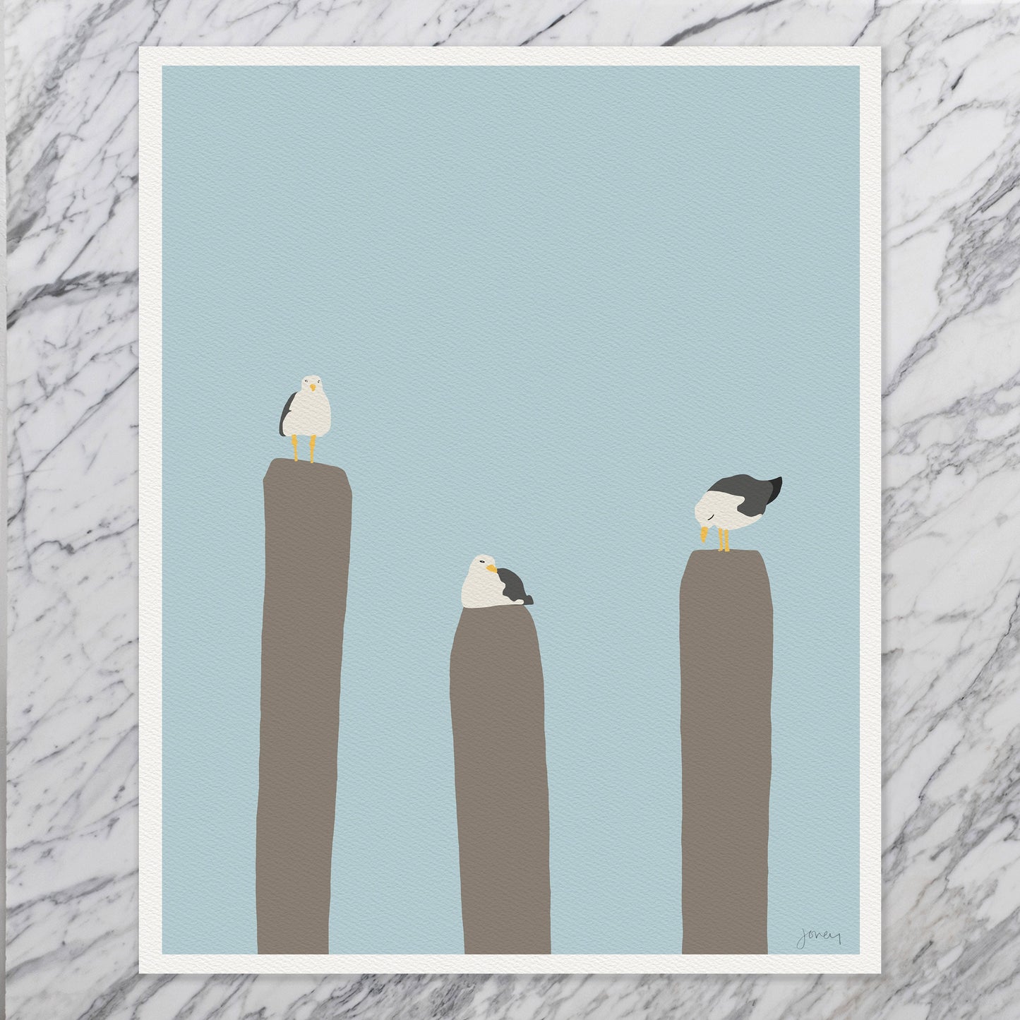 Seagulls Perched on Piers Art Print - Unframed or Framed - 130731