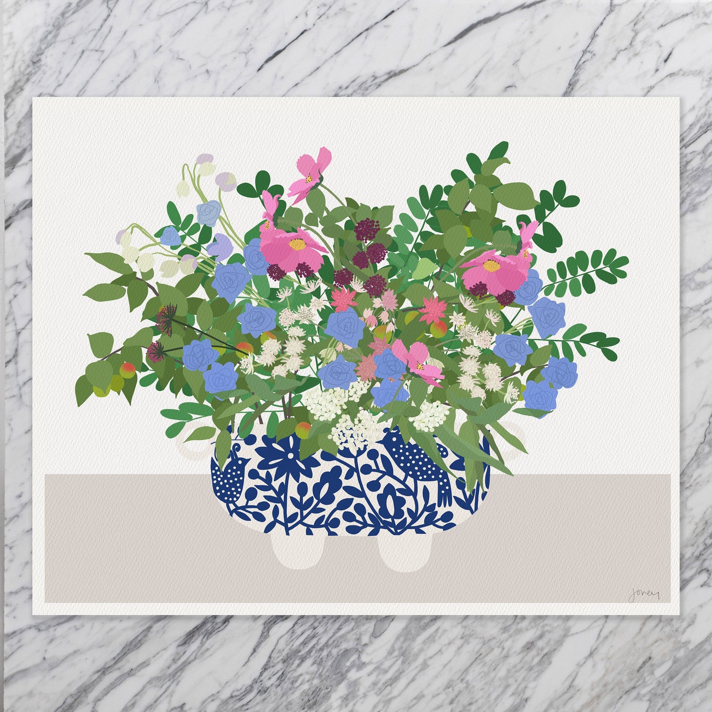 Pink Cosmos and Blue Cornflowers Art Print - Unframed or Framed - 201017