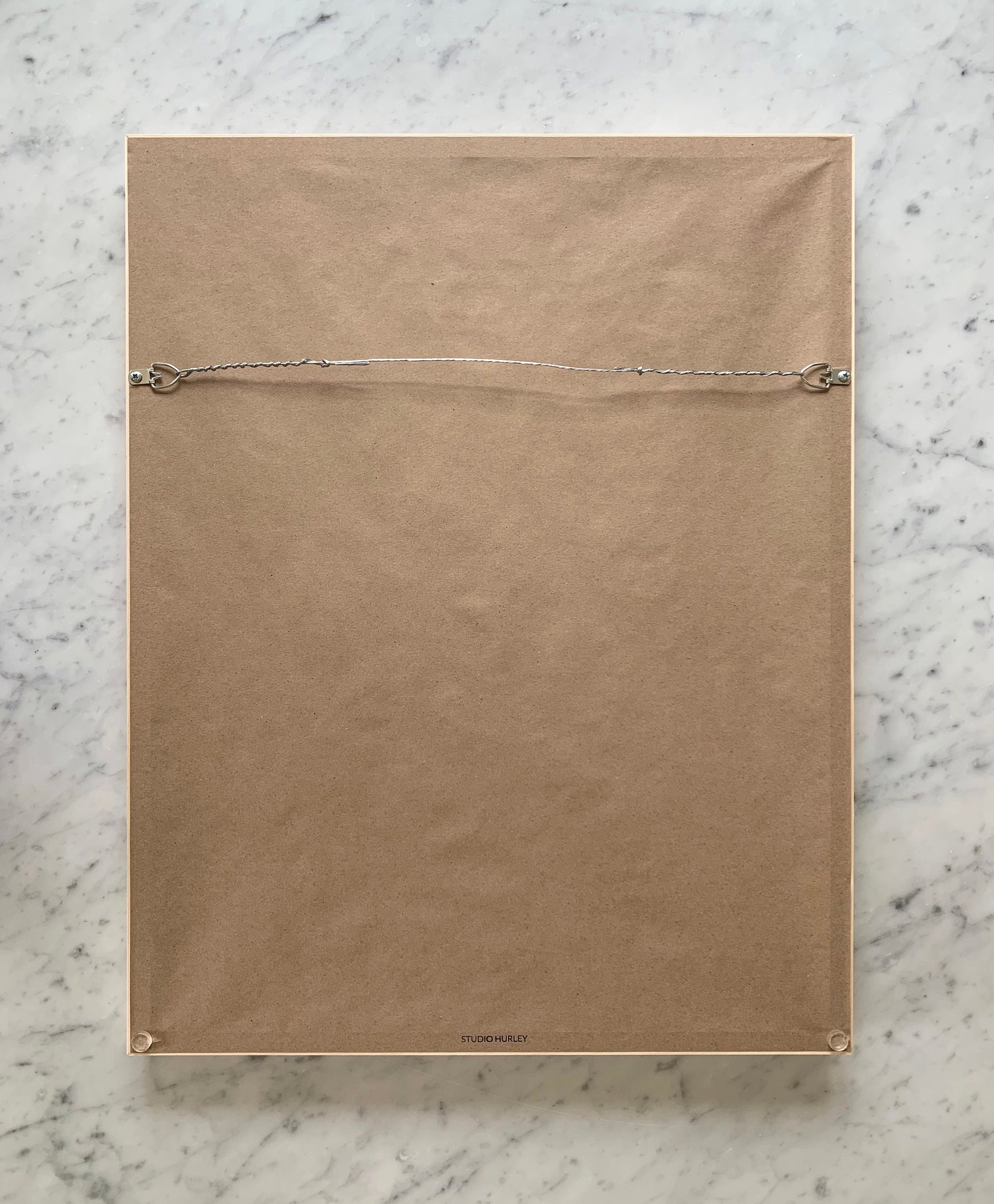 the back of a framed, ready to hang print by artist jorey hurley.  the frame includes a wire across the back for hanging and a kraft paper dust backing to protect the art. felt bumpers are on the bottom corners to protect the wall.