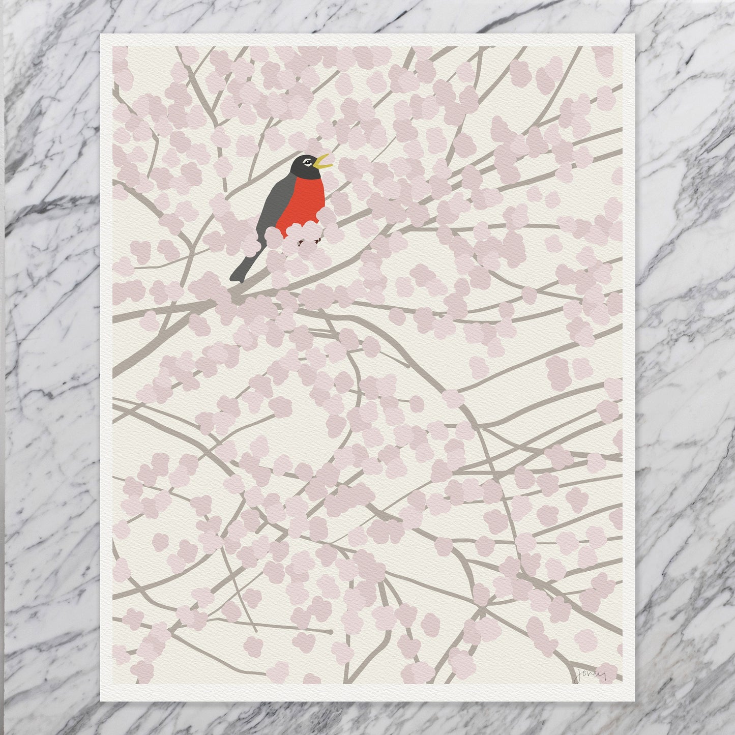 Cherry Blossom with Robin Art Print - Unframed or Framed - 140212