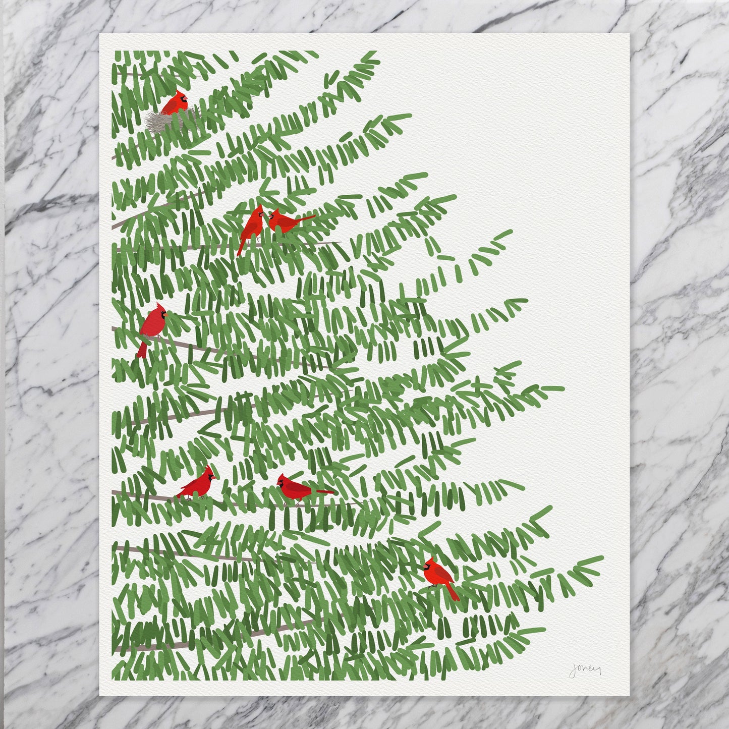 Pine Tree Print with Red Cardinal Birds Art Print - Unframed or Framed - 221201