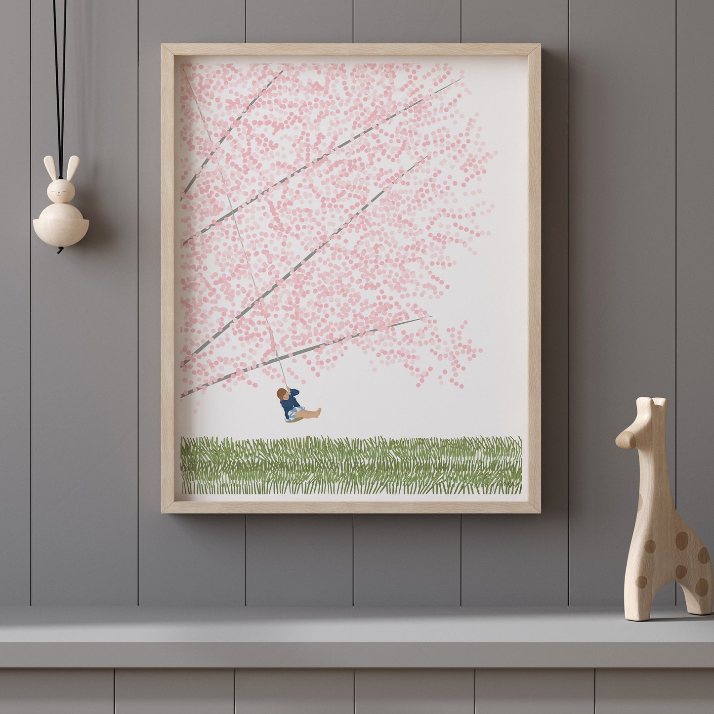 Cherry Blossom Tree with Girl Swinging Art Print - Unframed or Framed - 230416
