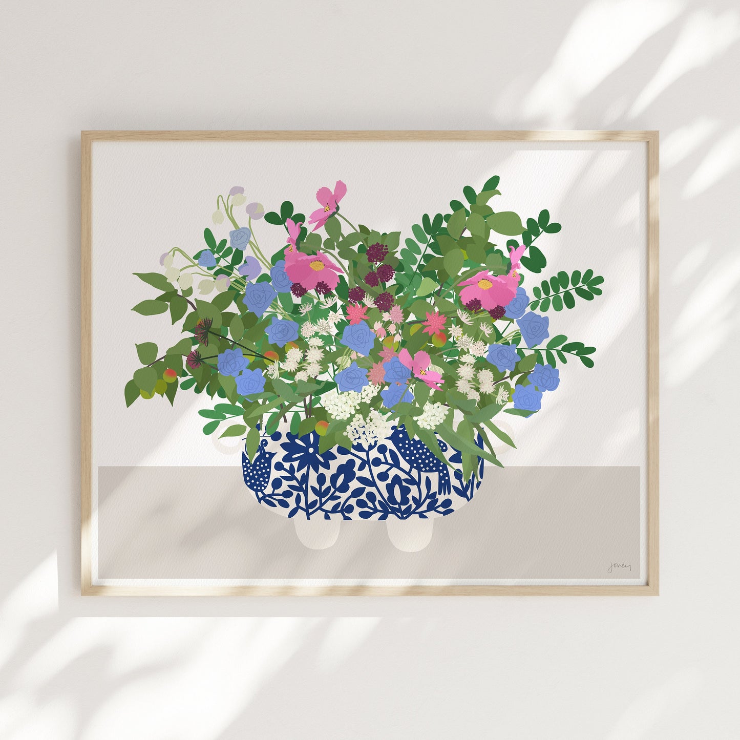 Pink Cosmos and Blue Cornflowers Art Print - Unframed or Framed - 201017