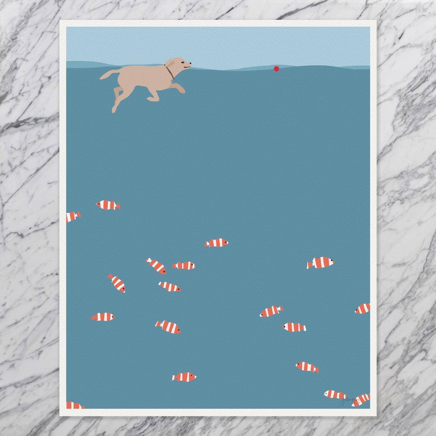 Fish Swimming with Yellow Labrador Art Print - Unframed or Framed - 150203