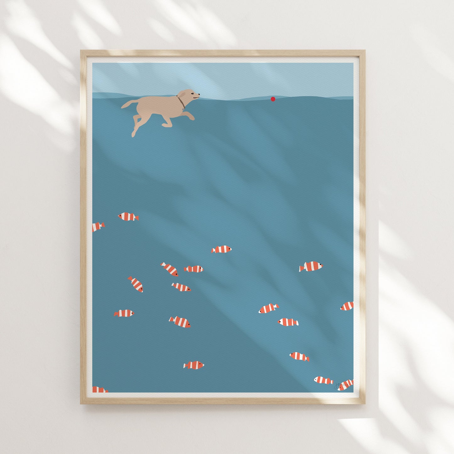 Fish Swimming with Yellow Labrador Art Print - Unframed or Framed - 150203